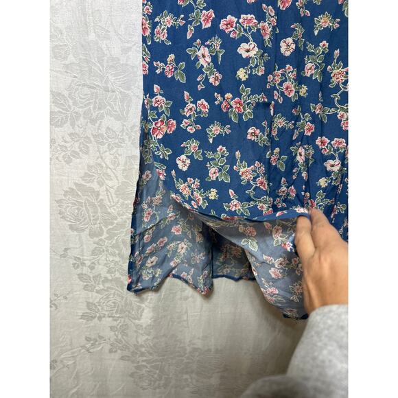 VTG Maxi Skirt Medium Blue Pink Floral Paul Harris Design Side Slit Zipper - Picture 2 of 9
